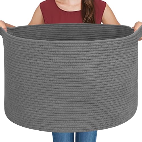 Image of MEGASKET Large Dark Grey Storage Basket, Woven Cotton Rope Baskets for Storage, Big Blanket Organizer Storage Basket for Living Room, Kids Room Toy Storage Organizer Box, Blanket Keeper (22 inchx14 inch)