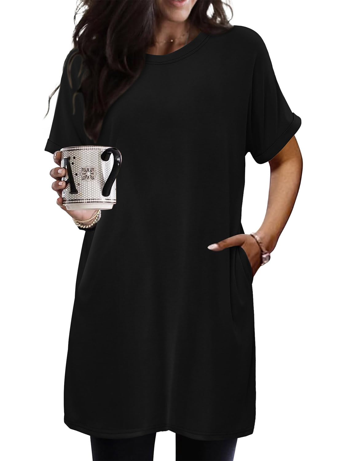 KISSMODA Women's Tunics or Tops to Wear with Leggings Short Sleeve Casual Long Tunics with Pockets T Shirts Loose S-3XL