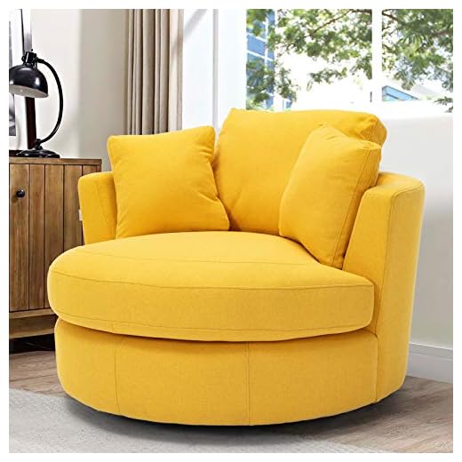 Dolonm Swivel Accent Barrel Chair Modern Sofa Lounge Club Round Chair Linen Fabric for Living Room Hotel with 3 Pillows (Yellow-Linen-Plain)