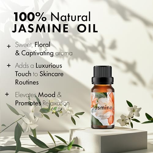 Image of Esslux Jasmine Essential Oil | 100% Natural Aromatherapy Oil for Skin Care | Perfect for Diffusers, Candle, and Soap Making | Invigorating Scent for DIY Projects, 60 ML