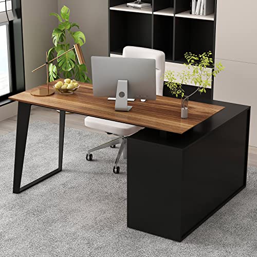 Image of Homsee Home Office Computer Desk Corner Desk with 3 Drawers, 2 Shelves & 2 Doors, 55 Inch Large L-Shaped Study Writing Table with Storage Cabinet, Black & Brown (54.3 inchL x 40.9 inchW x 29.1 inchH)