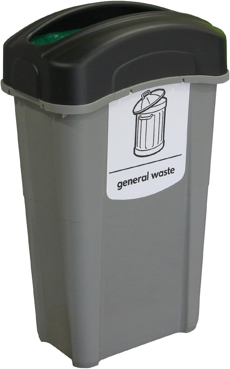 Eco Nexus 85 General Waste Collection Bin (Grey, Black Lid, White Sticker) – 85-Litre General Waste with Choice of Lid Options – Slim Plastic Office Bin (Open Top)