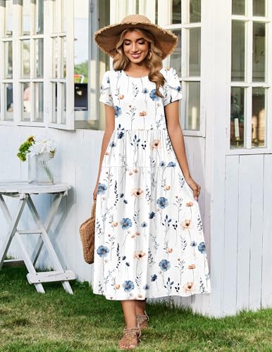 Image of Zeagoo Summer Dresses for Women 2026 Maxi Bohemian Floral Short Sleeve Long Dress Casual Flowy Tired Beach Sundress