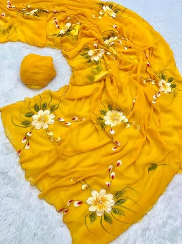 Image of Arkia Women's Yellow Hand Painted Floral Hand Embroidered Saree with White Flowers and Green Leaves
