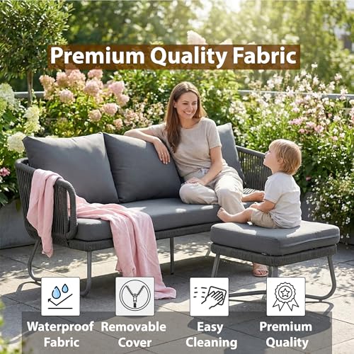 Image of Amazon Brand - Solimo Harbor Outdoor Rope Sofa Set | Balcony Sofa | Patio Conversation Sets | Braided Rope Garden Sofa Set and Ottoman (6 Seater- Grey & Dark Grey)