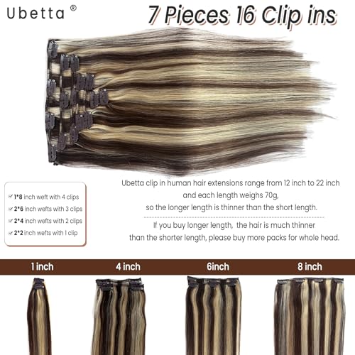 Image of Clip in Hair Extensions Real Human Hair, Chocolate Brown Balayage Blonde Highlights Hair Extensions Real Human Hair Clip ins 7pcs 70G 12 Inch Clip in Hair Extension Human Hair Clip in Extensions