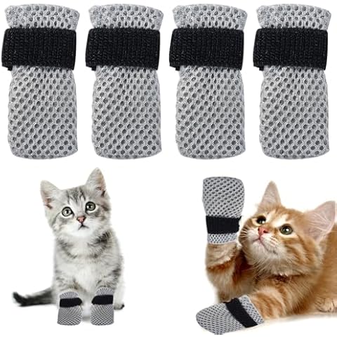 RRumo 4Pcs Cat Booties Anti Scratch Cat Mittens, Cat Paw Covers Cat Claw Caps Adjustable Cat Nail Caps, Mesh Breathable Cat Shoes, Suitable for Cats When Bathing and Nail Trimming(L,Grey) Cover
