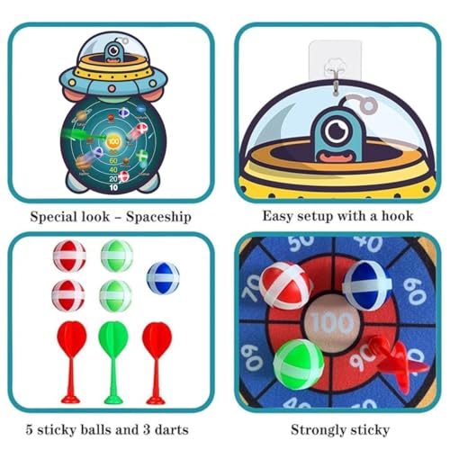 Image of Amazon Brand - Jam & Honey Dart Game for Kids Indoor & Outdoor Sports Game Target Toy Sets - Fabric Dart Board with 5 Sticky Velcro Balls and 3 Darts and 1 Hanger - Children's Toys Gifts (Spaceship)
