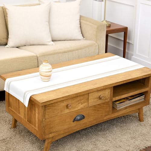 Solino Home Linen Table Runner 48 Inches - 100% Pure Linen Natural and White French Stripe Table Runner 14 x 48 Inch Ideal for Dresser and Coffee Tables - Fall, Halloween, Thanksgiving, Holiday