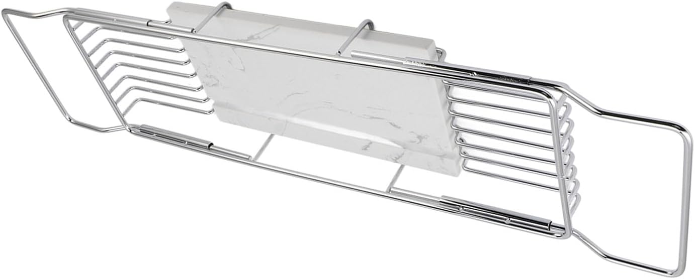 Bathtub Tray Table, Stainless Steel Marble Bathtub Trays for Tub Bath Tub Caddy Easy Installation for Women Birthday (Silver White)