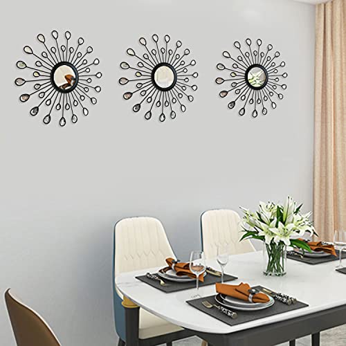 Uaussi 3 Pack Metal Wall Mirrors Rhinestones Starburst Mirror Set Bling Home Decorative Hanging Wall Art For Living Room Bedroom-Water-Drop Burst Black #TOP6