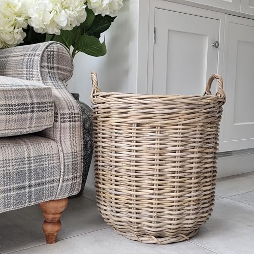 Handwoven Rattan Storage Basket with Handles, Natural Wicker, Large Log Basket, Round Rattan Storage