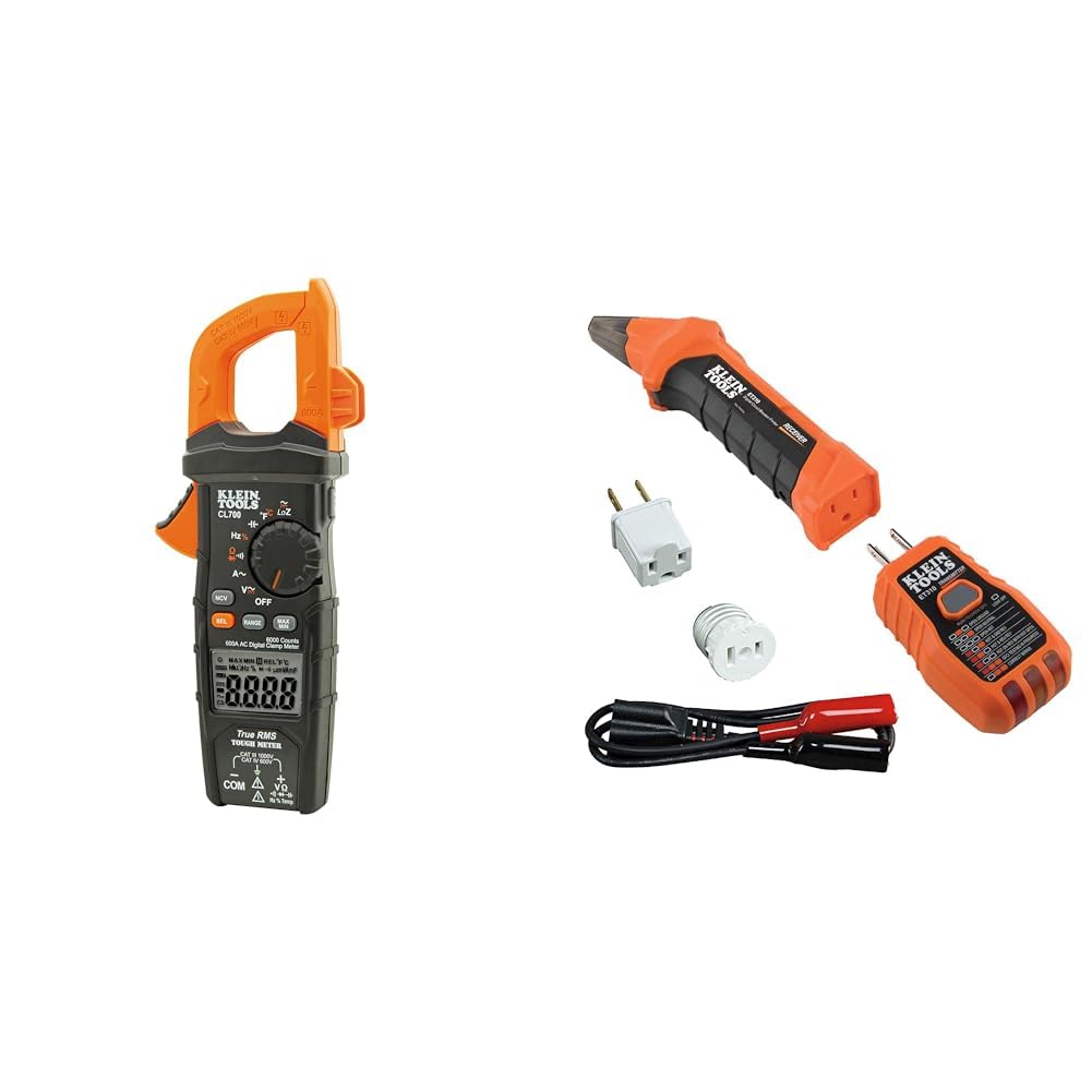 Klein Tools CL700 Auto Ranging Digital Clamp Meter, TRMS 600Amp, AC/DC Volts, Current, LOZ & 80016 Circuit Breaker Finder Tool Kit with Accessories, 2-Piece Set