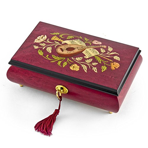 MusicBoxAttic Gorgeous Red Wine Instrument and Floral Wood Inlay Musical Jewelry Box Huge Sale - Many Songs to Choose - Where Have All the Flowers Gone
