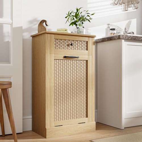Rymeera Tilt Out Laundry Hamper Cabinet, Rattan-Style Laundry Room Organization with Removable Laundry Basket, Hidden Wood Dirty Clothes Hamper with Drawer, 21.6" L x 13" W x 35.8" H, Wood