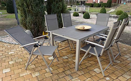 Mandalika Garden 7-teilige Luxus Gartenmöbelgruppe Cute Champagner, Spraystone Tisch, Klappsessel