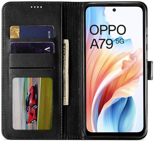 Image of SHINESTAR Oppo A79 5G Flip Back Cover | PU Leather Flip Cover Wallet Case with TPU Silicone Case Back Cover for Oppo A79 5G - Classy Black