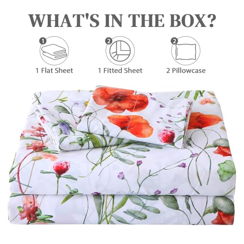 Image of MUXHOMO King Size 4 Piece Sheet Set, Soft & Breathable Sheet Set for Bedroom with Deep Pocket Up to 16 inch, Wrinkle-Free & Cooling Bed Sheets with Flat Sheet, Fitted Sheet & Pillowcases - Spring Flower