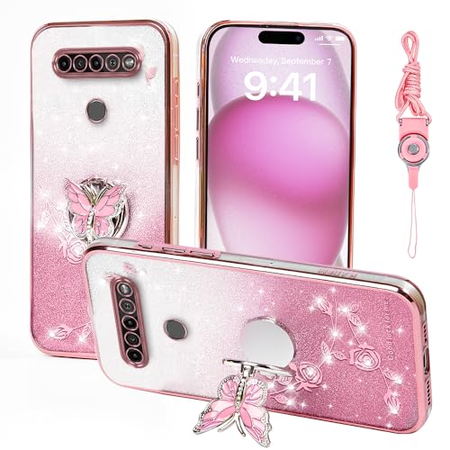 RTYQXK for LG K51 Phone Case,for LG Reflect/LG Q51 Mobile Phone Case for Women and Girl, Glitter Butterfly Floral TPU Protective Cover with Kickstand+Strap for LG K51 (Pink)