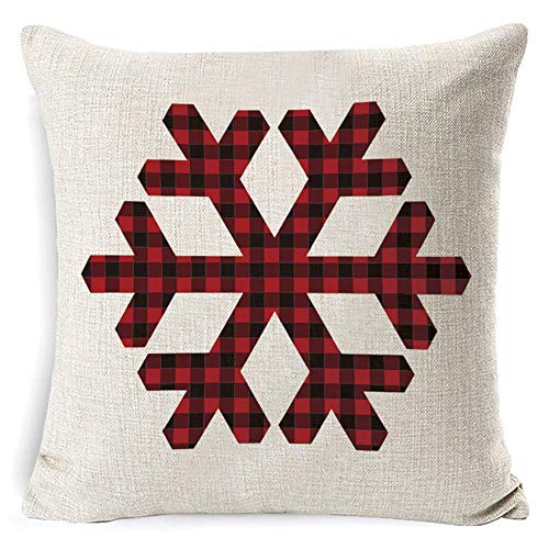 Morneve Housse de Coussin décorative de Noël à Carreaux de Buffle Rustique en Lin pour canapé canapé Voiture décoration de Maison Housse de Coussin carrée avec Fermeture éclair Flocon de Neige Cover