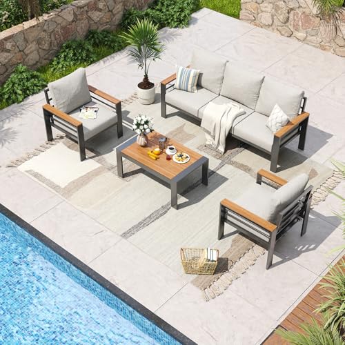 Aoxun Aluminum Patio Furniture Set 5 Seats, Oversized Outdoor Sectional with Washable Thick Cushions, Coffee Table, Patio Conversation Sets for Porch, Balcony, Deck