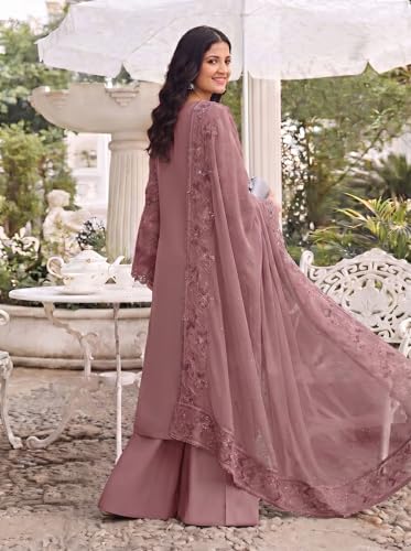 Image of RUDRAPRAYAG Women's Georgette Fabric Wih Embroidered Sequence Work And On Neck Moti Hand Work Semi Stitched Sharara Salwar Suit With Dupatta Set
