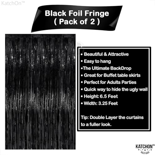 Image of KatchOn, Black Fringe Backdrop - Pack of 2 | Black Streamers for Black Birthday Decorations, Halloween Decorations | Tinsel Backdrop for Death to My 20s Decorations, Black Streamers Party Decorations