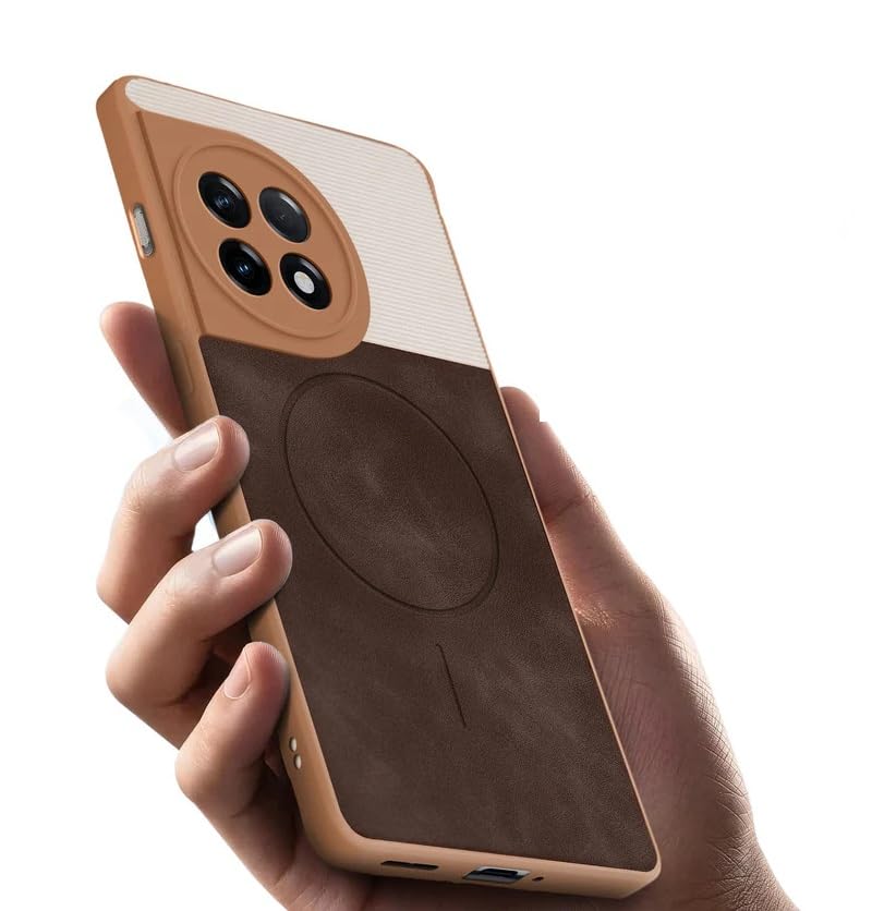 Image of Bintage CASE Dual-Leather Mac Safe Design Phone Case| Soft Touch Finish | Full Camera Protectection Back Cover Compatible for OnePlus CPH2487 / 1+ 11R 5G - White & Choco Brown