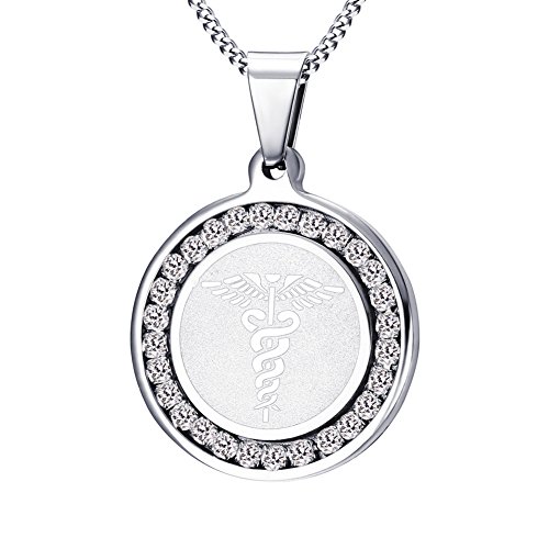 Free Engraving Medical Alert ID Necklace for Women Stainless Steel With Cubic Zirconia Pendant Chain 24inches