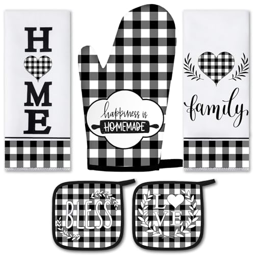 5 Pieces Buffalo Plaid Kitchen Towels Oven Mitts and Pot Holder Set Black and White Kitchen Towels Oven Gloves, Hot Pads Pot Holders for Farm House Accessories Decor(Heart)