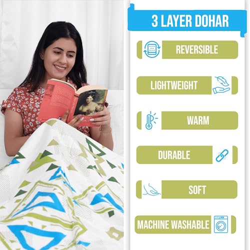 Image of Divine Casa Glace Cotton 120 GSM Reversible Lightweight Printed Double Bed AC Dohar Blanket Quilt - Turquoise Green and Blue
