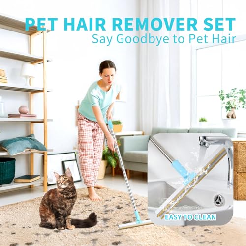 Image of Carpet Rake for Pet Hair Removal - 5-Pcs Set Pet Hair Carpet Rake with Dog Hair Remover, Cat Hair Scraper Tool 55-Inch Adjustable Handle for Carpets, Rugs, Upholstery