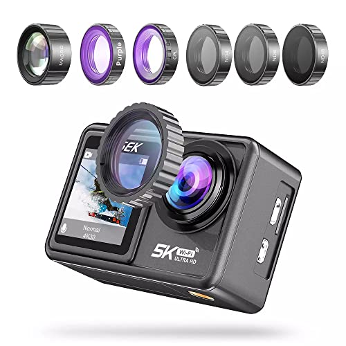 BLACKPOOL®5K Action Camera with Interchangeable 6 Lens Filters, EIS Stabilisation Antishake, 40M Waterproof, WiFi Support, HD Out, 170 Degree WDR, Dual Screen