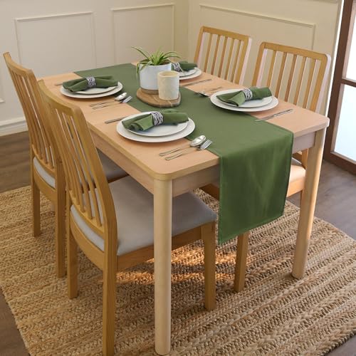 Image of Encasa XO Table Runner for 8 Seater | Cotton Canvas Fabric | Size 13x104 in | Leaf Green Solid Color | Machine Washable & Durable
