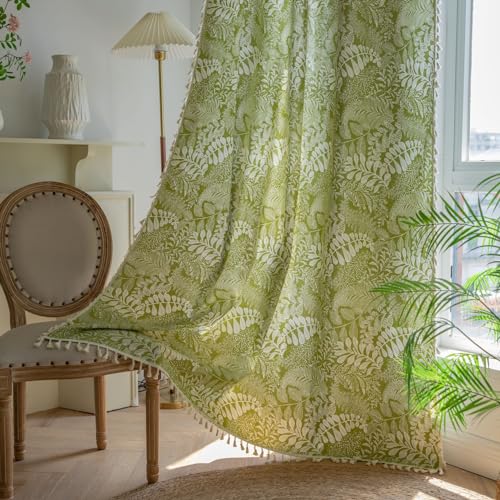 Plancholo Rideau bohème de 200,7 cm de long pour chambre à coucher, motif feuilles botaniques vertes, en coton et lin, semi-occultant, avec passe-tringle, 1 panneau, 150 cm de large x 200,7 cm de long