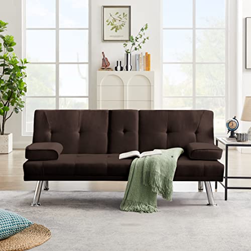 67" Modern Linen Upholstered Futon Sofa Convertible Sleeper Couch Bed Daybed Loveseat,Folding Recliner With 2 Cup Holders,Metal Legs,Removable Soft Pillow-Top Armrest For Living Room Compact Space #TOP2