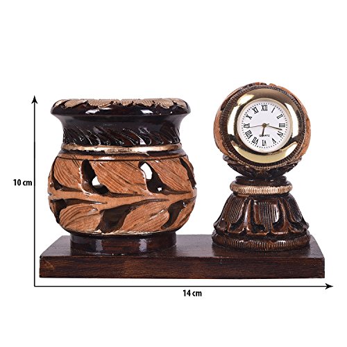 Image of Craft Trade 14x10 Cm Round Matki Pencil Holder with Analog Clock - Brown Clock