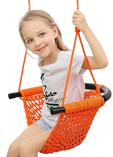 Image of ROPECUBE Hand-Knitting Toddler Swing, Swing Seat for Kids with Adjustable Ropes, Little tikes Swing Set, for Outdoor Indoor, Playground, Backyard (Orange)