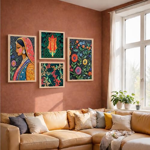 Image of NoWorries Indian Folk Art Wall Frame Set of 4 | Traditional Ethnic Wall Painting Decor | Wooden Framed HD Printed Artwork for Living Room Bedroom Hallway Office Home Decoration
