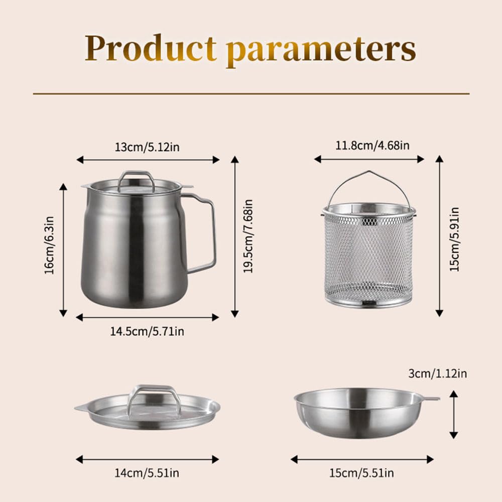 Filtro dell'olio in acciaio inox 304 con coperchio e cestello per friggere, contenitore per grasso per pancetta, per conservare olio e grasso da cucina, 2 l