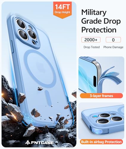 Image of FNTCASE for iPhone 15 Pro Case: [Compatible with Magsafe] Translucent Matte Cases with [Full Camera Protection] [Screen Protector] Military Grade Shockproof Protective Phone Cover - Light Blue