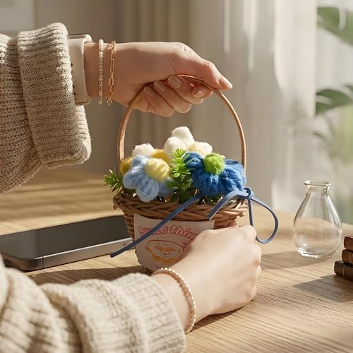 Image of Artificial Crochet Flowers Basket, 14CM Height Mini Handmade Knitted Multicolour Flower with Ribbon, Home and Office Decor Gift