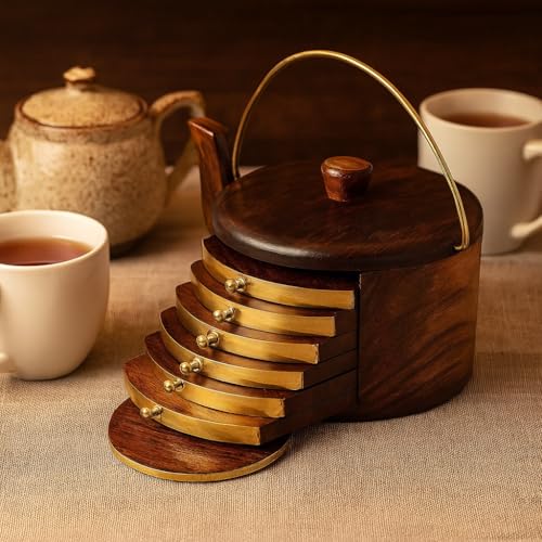 Image of Oaklyn Handcrafted Rosewood Kettle Design Coaster Set (Set of 6) with Stand | Stylish Tea & Coffee Coasters for Dining & Living Room Table