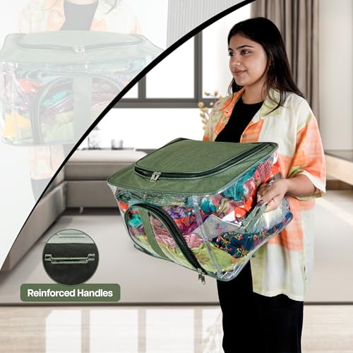 Image of Storite 5 Pack Nylon 33 L PVC Transparent Moisture Proof Storage box for Clothes Closet Wardrobe Organizer for Clothes Saree Bags with Carry Handle (DarkGreen, 44L x 31W x 24H cm)