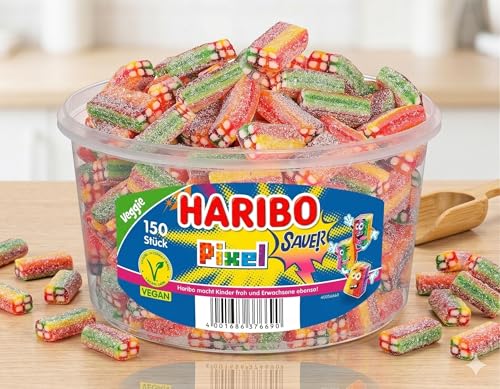 Haribo Rainbow Pixel Sauer – 150 Stück Runddose (1,2 kg) – Saure Fruchtgummi-Pixel in bunten Farben – Große Vorratsdose für Party, Büro & Sharing 3