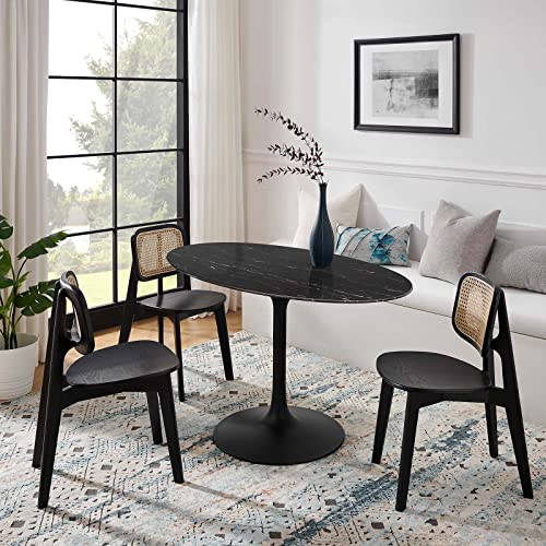 Image of Modway Lippa Oval 54 inch Mid-Century Modern Artificial Marble Dining Table in Black Black