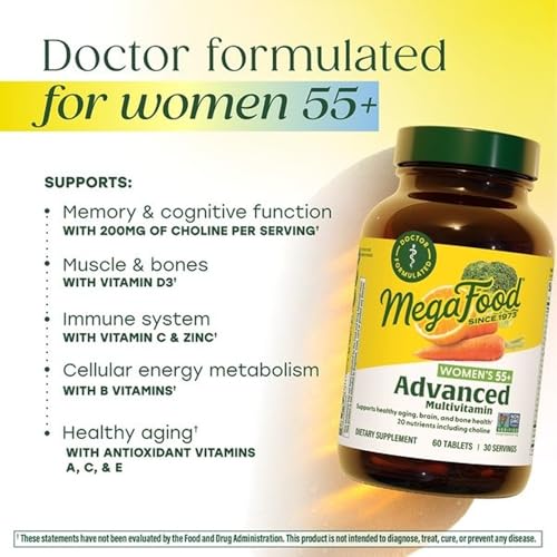 MegaFood Advanced Multivitamin for Women 55+, Womens Multivitamin, Methylated B12, Methyl folate, Choline, Vitamin D3, Biotin, Healthy Aging, Brain & Bone Health, Vegetarian, 120 Tablets (60 Servings) - Image 4
