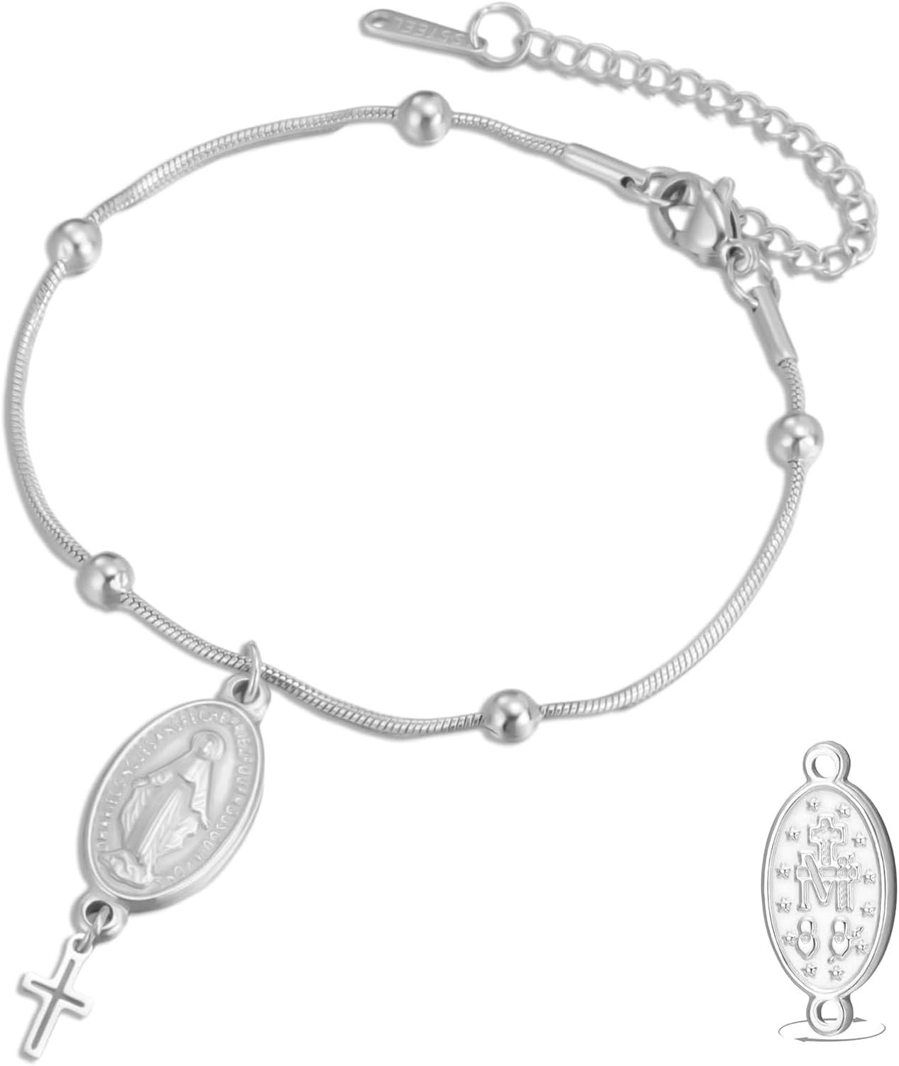 Eouyt Double Sided Rosary Bracelet for Women Men with Virgin Mary Medal Handmade Braided Rope Religious Jewelry Catholic Christian Gift, silver 10