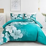 Menghomeus King Comforter Set Gradient Teal Bedding Floral Comforter Sets - Soft Microfiber Bed Comforter Set for All Season, 3 Piece Botanical Flowers Comforter, Pillowcases