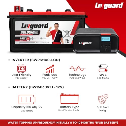 Image of Livguard Sineverter Pro with LCD Display 900VA /12V Pure Sinewave Inverter with Livguard 150Ah Short Tubular Jumbo Inverter Battery |Reliable Power Backup for Home, Office, and Shops
